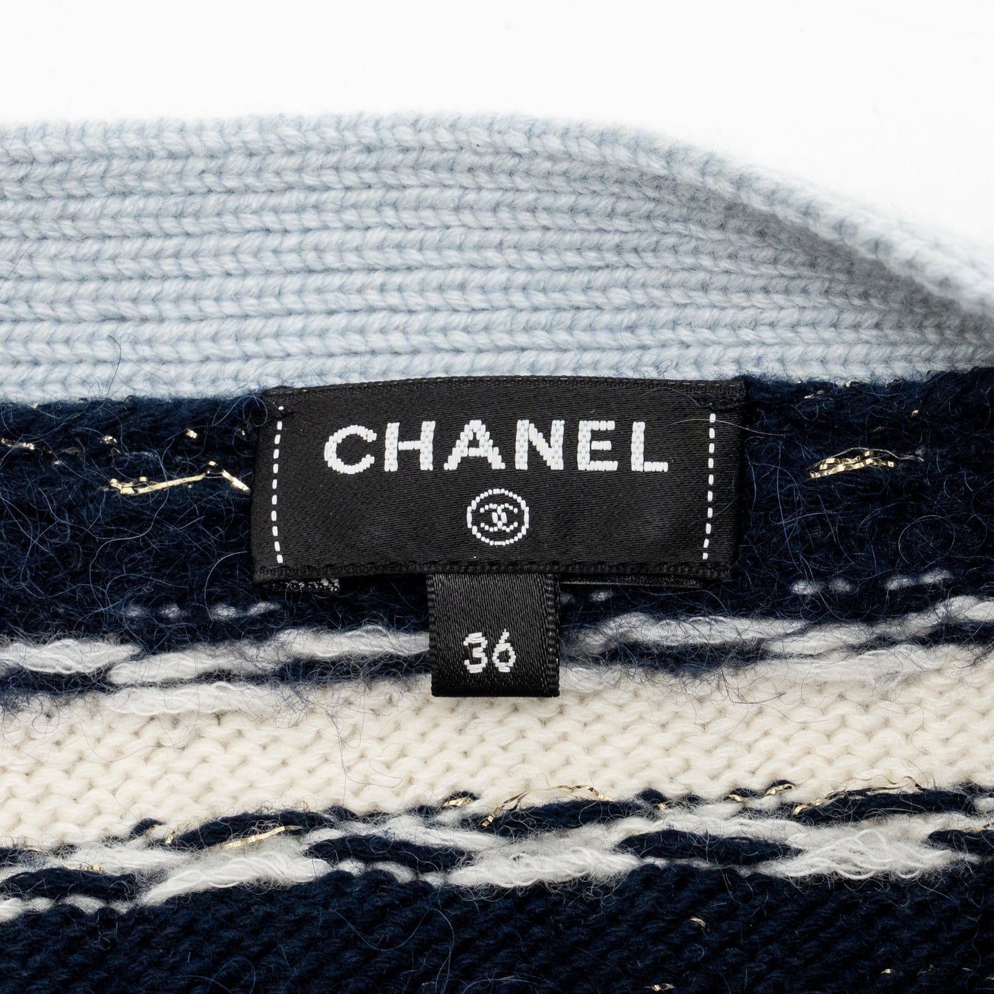 Chanel Size 36 Metal Coco Mark Button Stripe Cardigan Cashmere/Cotton Navy/Blanc/Light Blue SHW