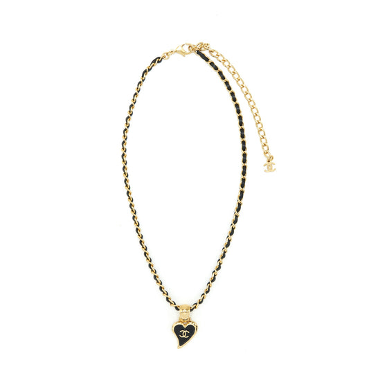 Chanel Leather Chain Necklace Black With Heart CC Pendant GHW