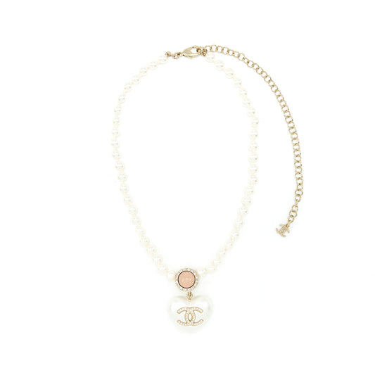 Chanel Pearl Necklace With Heart Pearl Crystal CC Logo LGHW