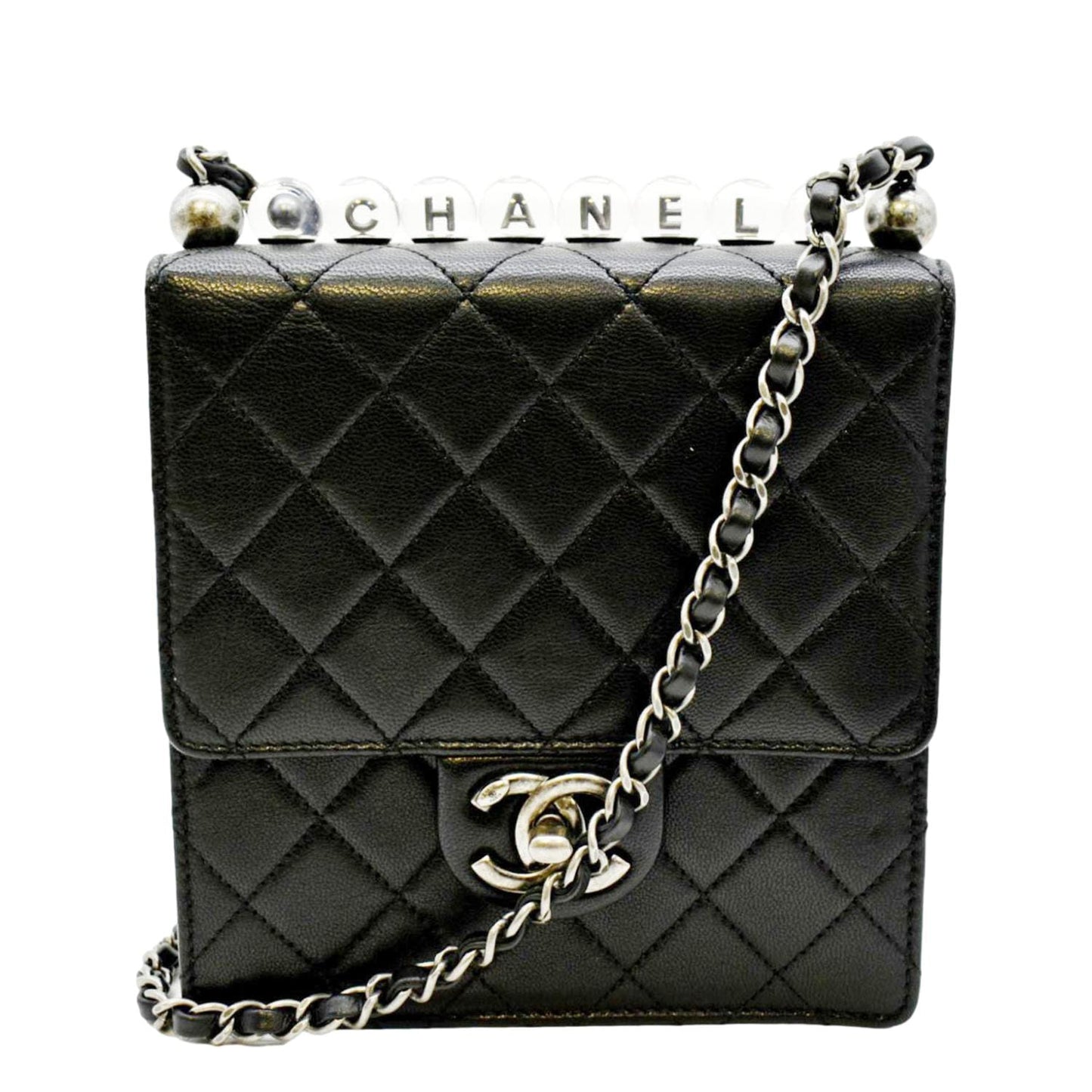 Luxury Chanel Chic Pearls Flap Quilted Calfskin Leather Shoulder Bag Black