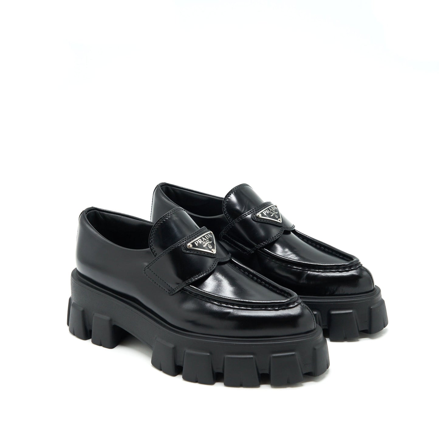Prada Size 37 Monolith Brushed Leather Pointed Loafers Black