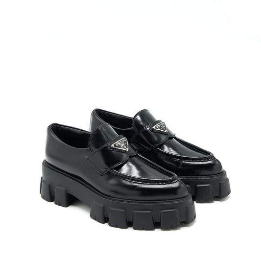 Prada Size 37 Monolith Brushed Leather Pointed Loafers Black