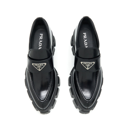 Prada Size 37 Monolith Brushed Leather Pointed Loafers Black
