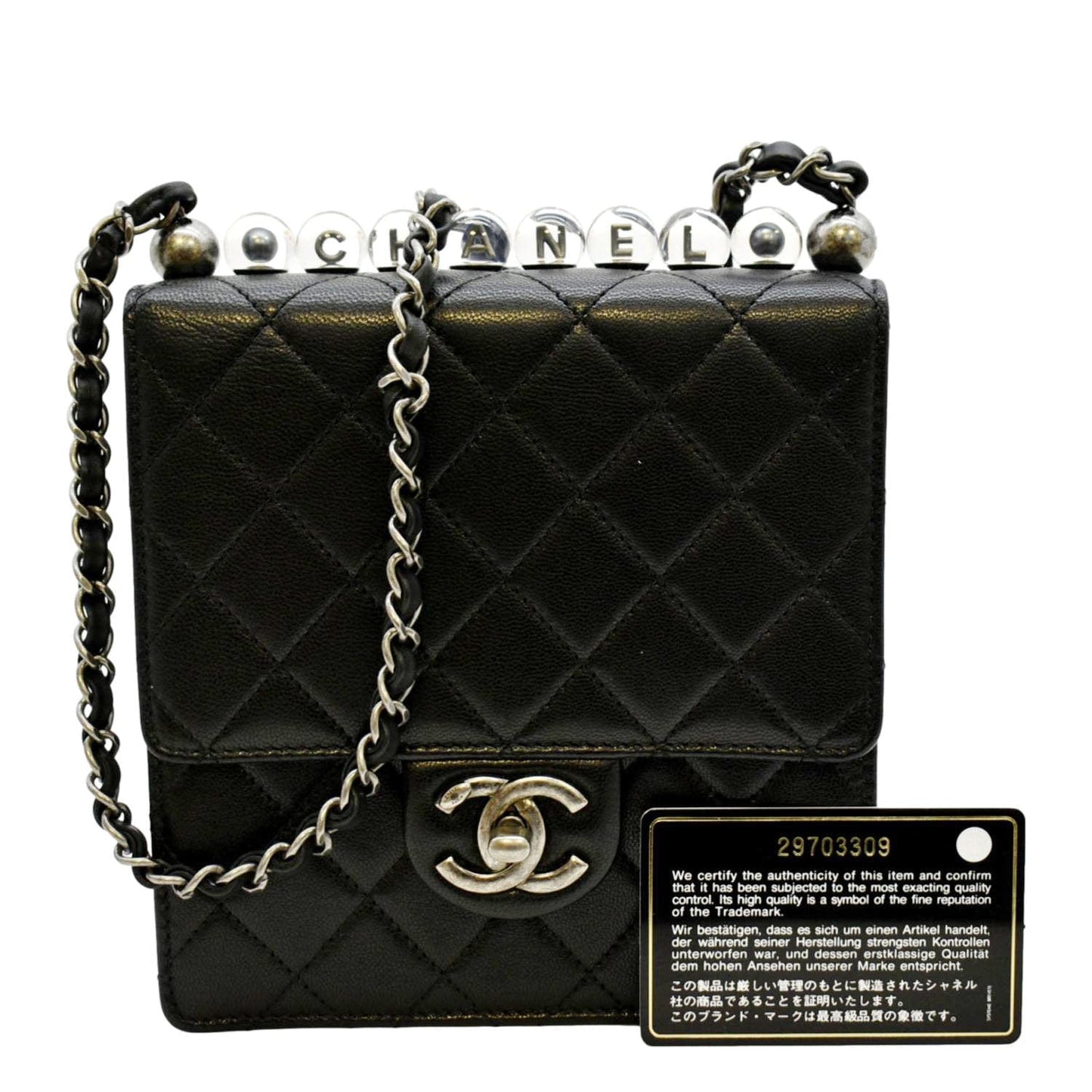 Luxury Chanel Chic Pearls Flap Quilted Calfskin Leather Shoulder Bag Black