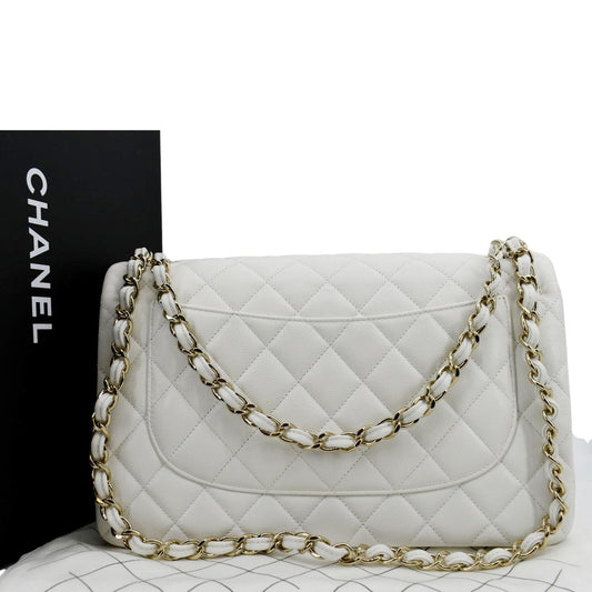 Luxury Chanel Jumbo Double Flap Quilted Caviar Leather Shoulder Bag White