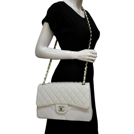 Luxury Chanel Jumbo Double Flap Quilted Caviar Leather Shoulder Bag White