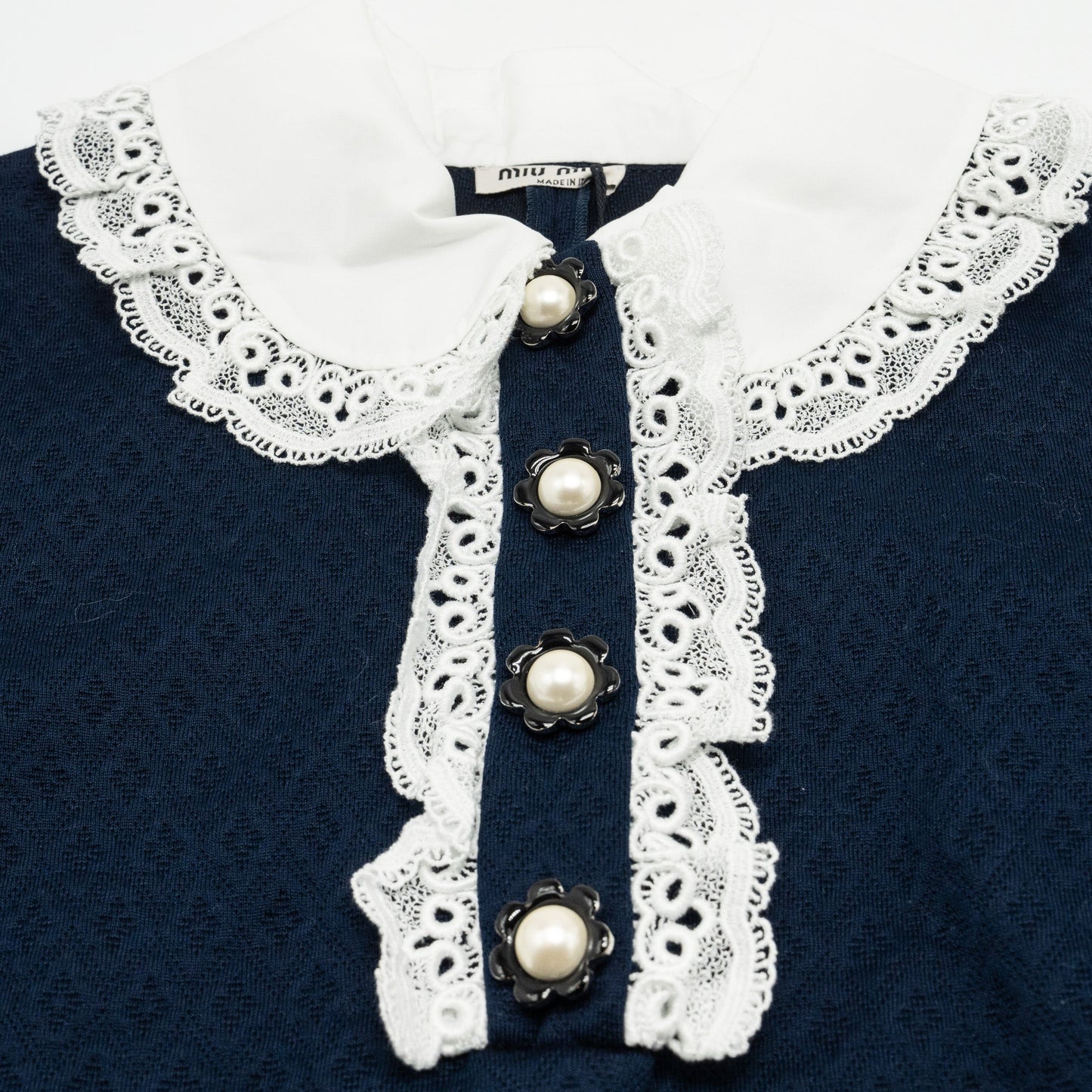 MIU MIU Size XS Lace Collar Jacquard Dress With Pearl Cotton/Polyamide Navy/White