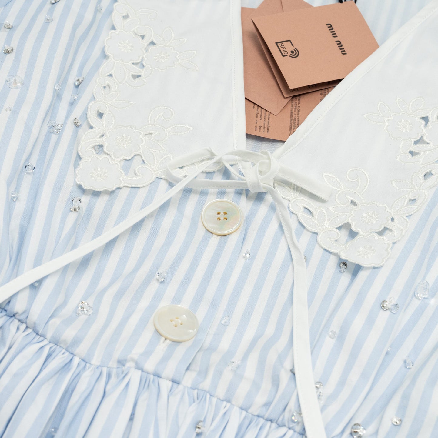 MIU MIU Size 36 Lace Collar Striped Dress With Crystal Cotton White/Blue