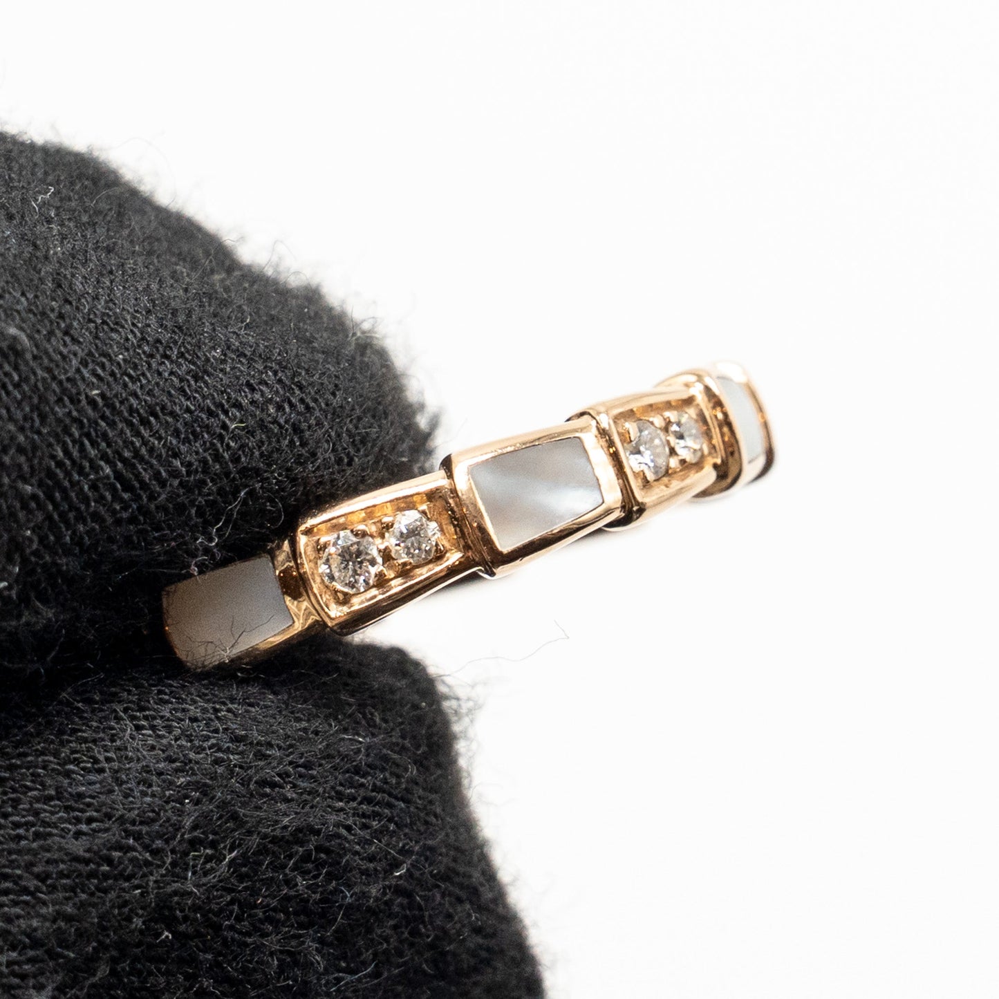 Bvlgari Size 55 Serpenti Viper Ring Mother of Pearl, Rose Gold with Diamonds