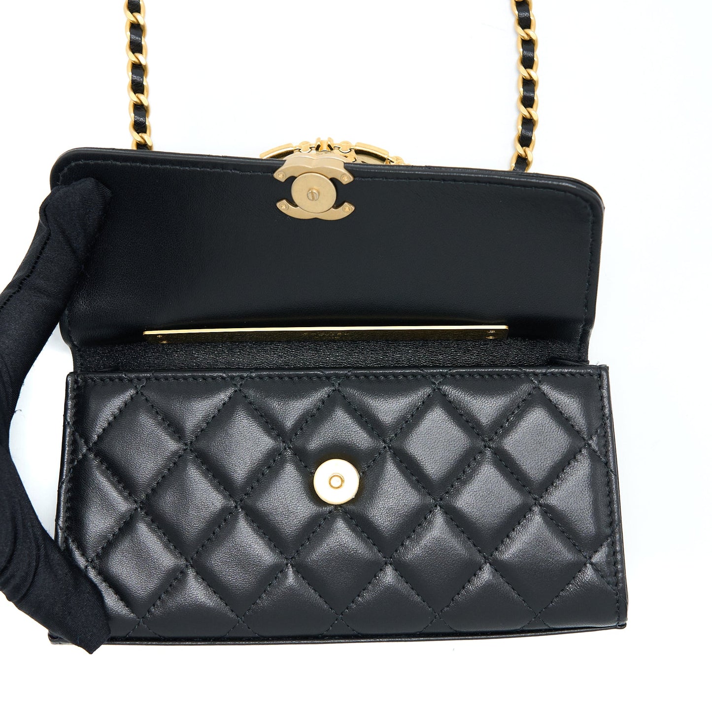 Chanel 22B Flap Bag With Enamel Top Handle Lambskin Black GHW
