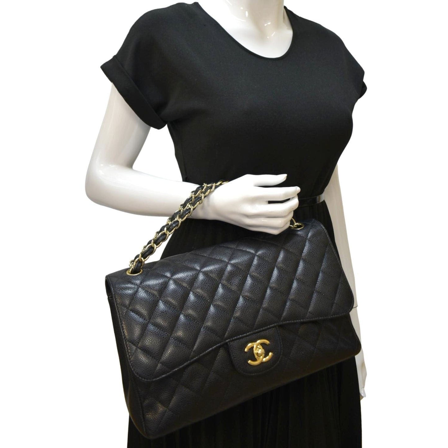 Luxury Chanel Classic Jumbo Double Flap Quilted Caviar Leather Shoulder Bag Black