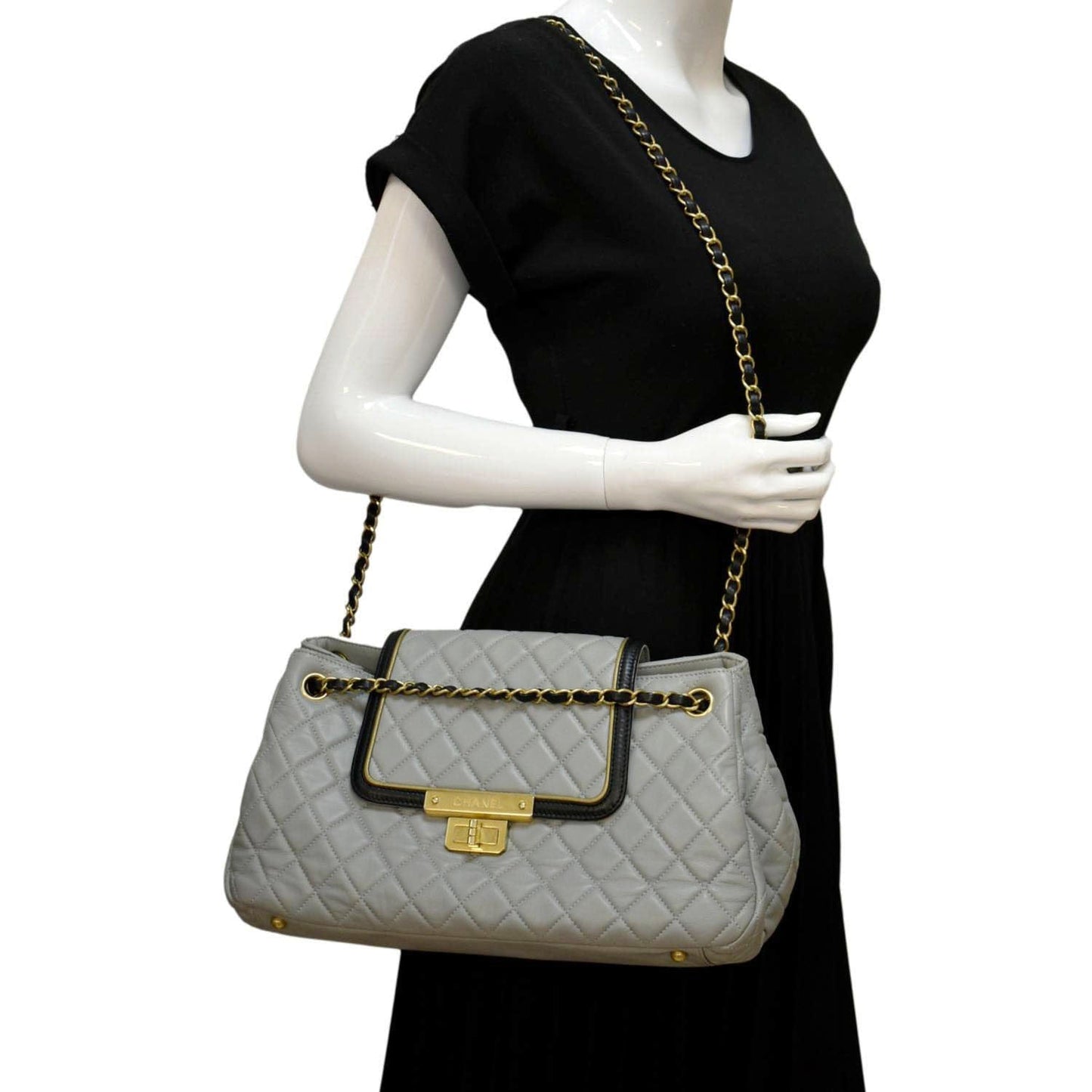 Luxury Chanel East West Accordion Flap Quilted Calfskin Leather Shoulder Bag Grey