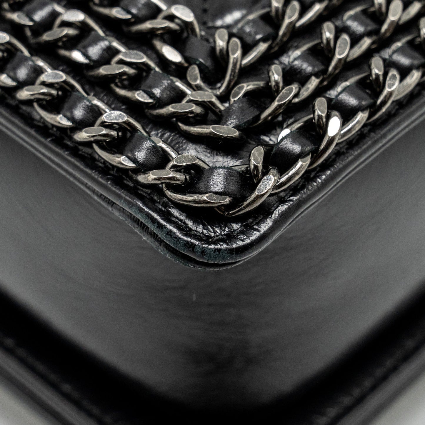 Chanel new medium chain edge boy bag calfskin black ruthenium SHW