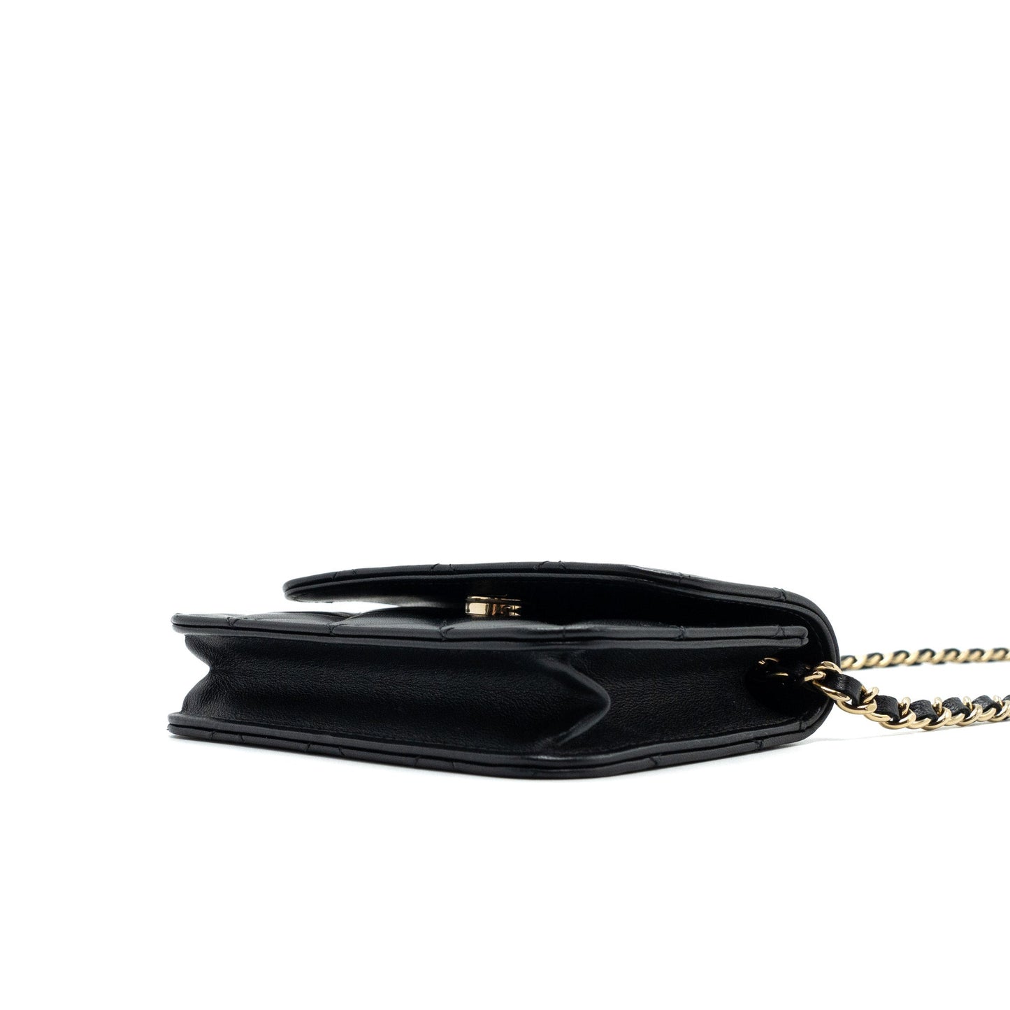 Chanel mini flap card holder with ribbon chain lambskin black LGHW