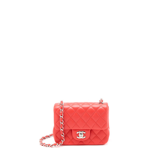 Chanel Mini Square Flap Bag Lambskin Orange Red SHW