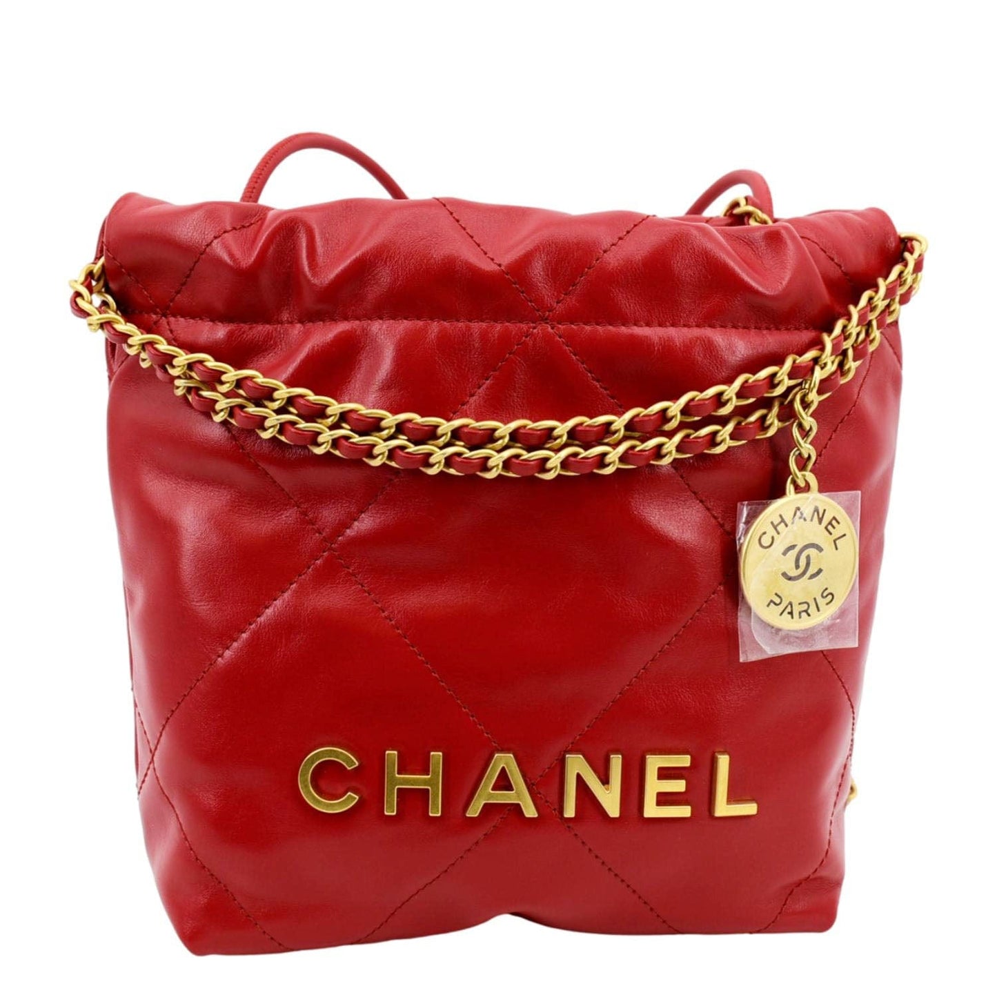 Luxury Chanel 22 Mini Chain Shiny Calfskin Leather Shoulder Bag Red
