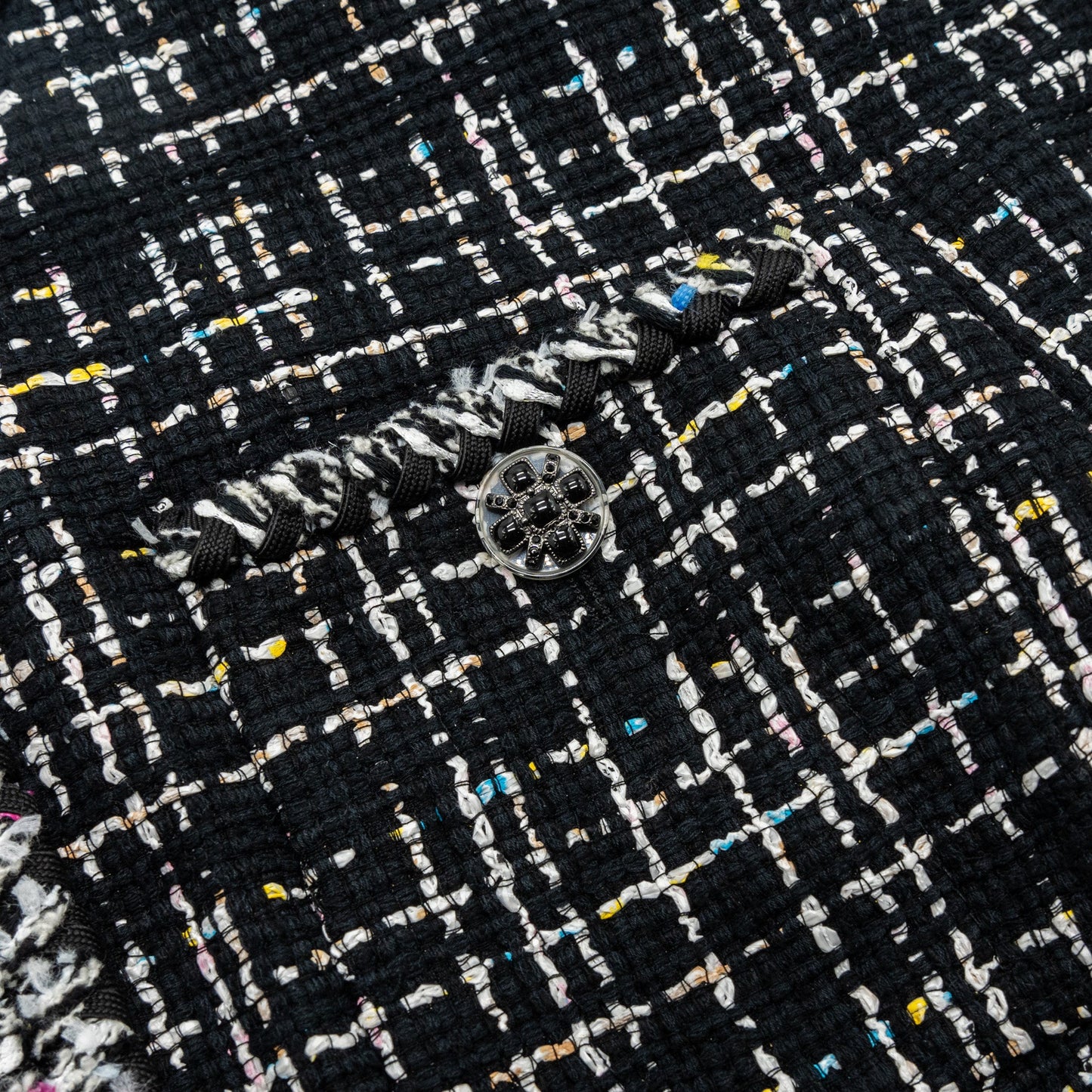 Chanel Size 38 Short Sleeve Tweed Jacket Black/White/Pink/Yellow