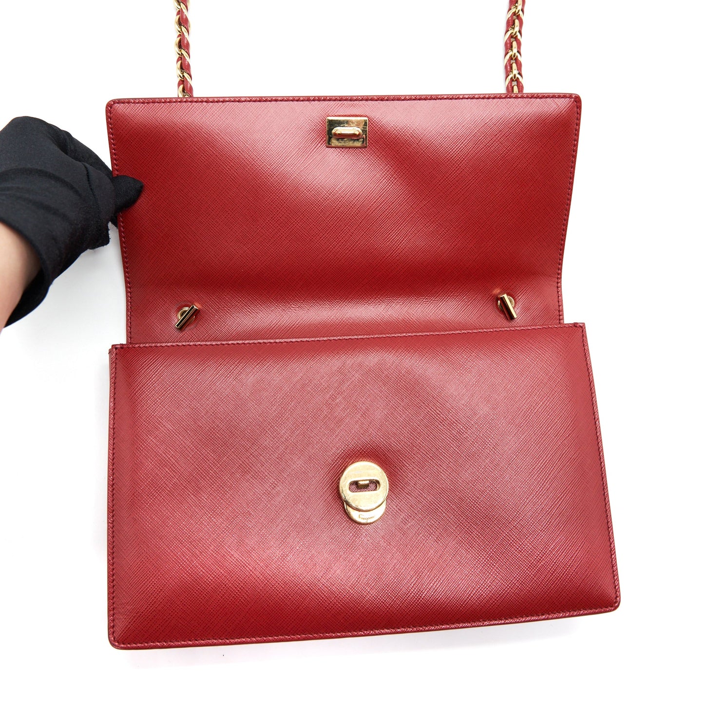 Salvatore Ferragamo Ginny Saffiano Shoulder Bag Calfskin Red GHW