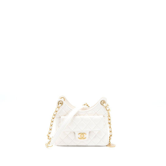 Chanel 23C Small Hobo Bag Shiny Calfskin White Brushed GHW (Microchip)