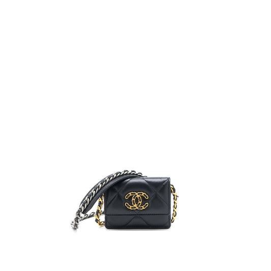 Chanel 19 Flap Card Holder with Chain Lambskin Black Multicolour Hardware