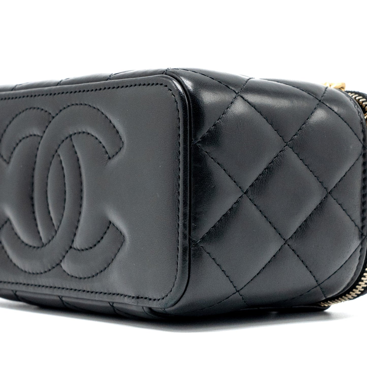 Chanel 22K Gold Pillar long vanity with adjustable chain lambskin black GHW (microchip)