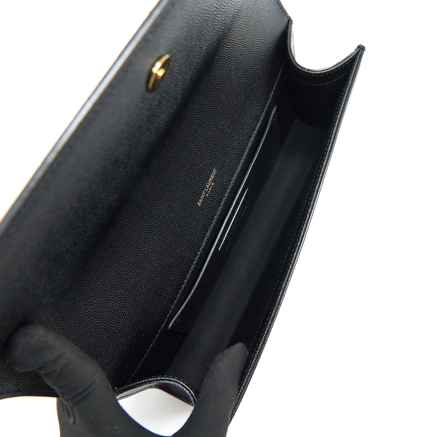 SAINT LAUREN KATE CLUTCH IN GRAIN DE POUDRE EMBOSSED LEATHER BLACK GHW