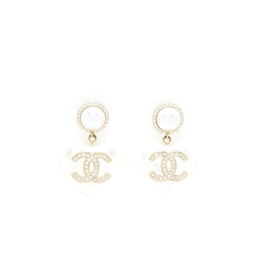 Chanel 21B Giant CC Heart Drop Earrings Light Gold Tone