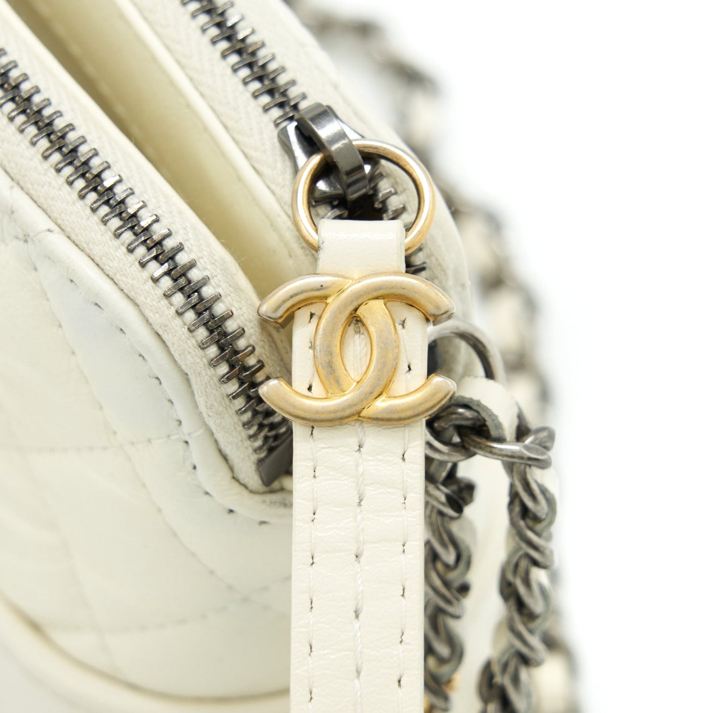 Chanel Gabrielle Clutch On Chain Aged Calfskin White With Silver And Gold Hardware