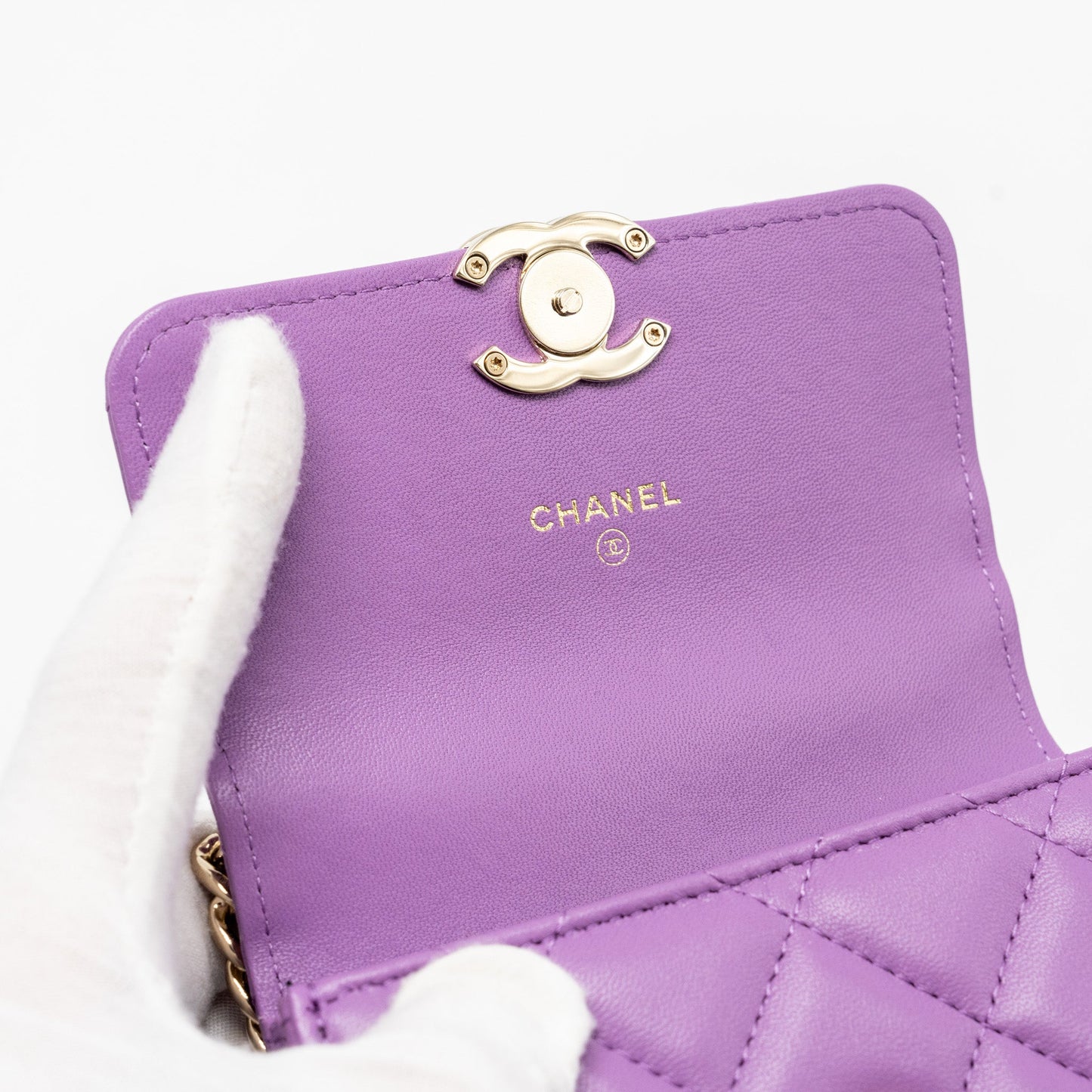 Chanel detailed top handle flap mini clutch with chain lambskin purple LGHW (microchip)