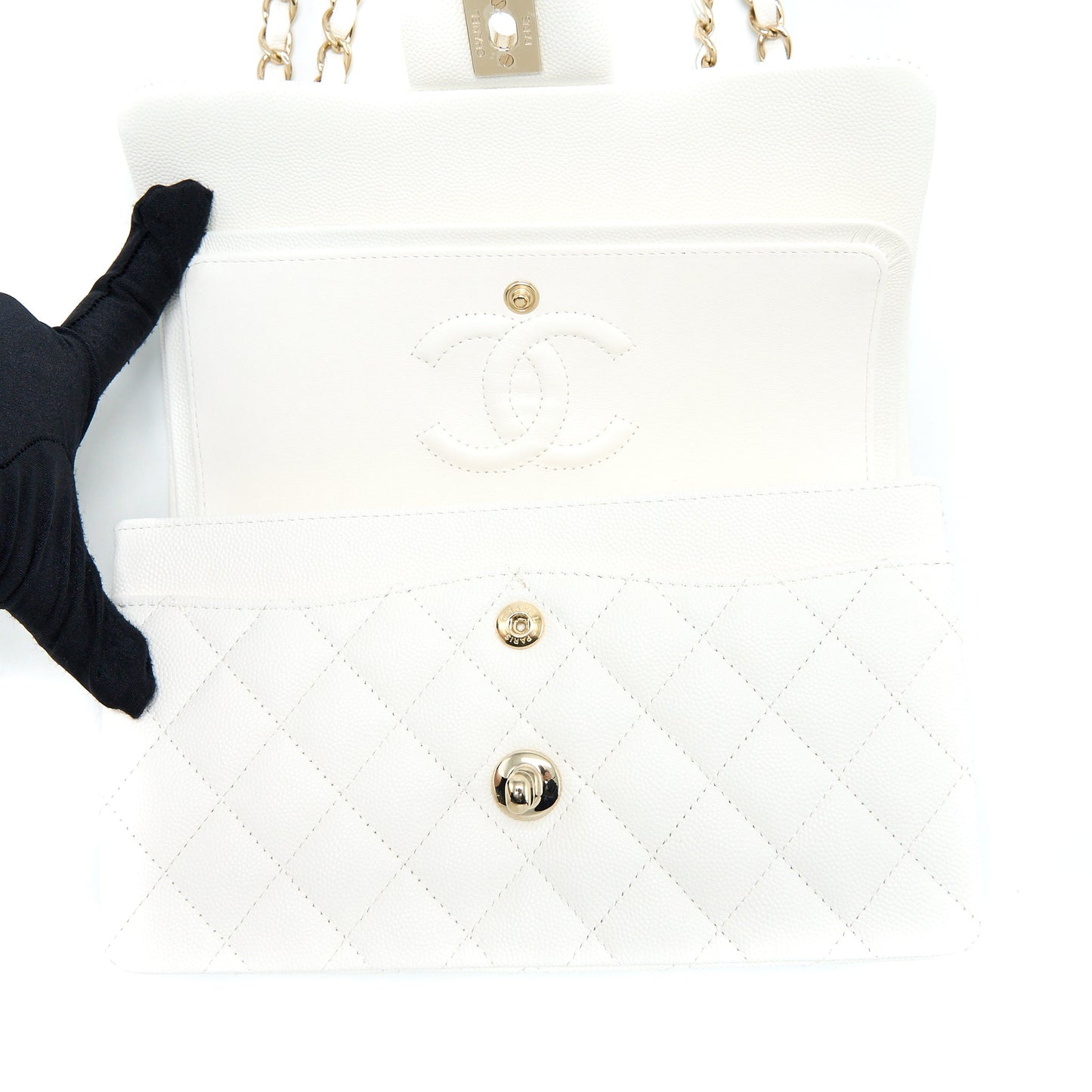 Chanel Small Classic Flap Bag Caviar White LGHW (Microchip)