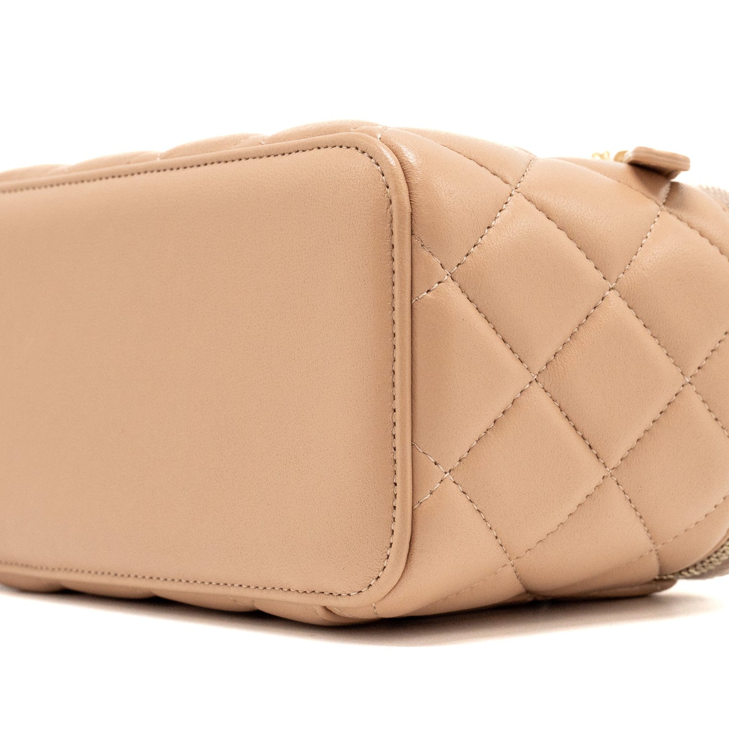 Chanel Top Handle Long Vanity With Chain Lambskin Beige Brushed GHW