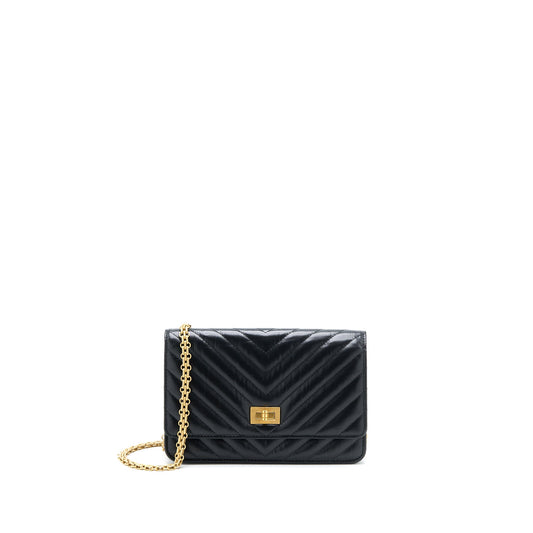 Chanel 2.55 Reissue Wallet On Chain Chevron Aged Calfskin Black Brushed GHW (Microchip)