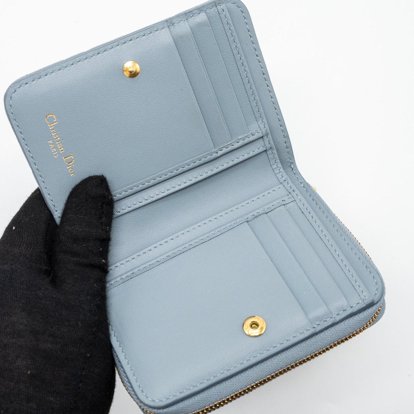 Dior Caro Scarlet Zipped Wallet Cannage Calfskin Cloud Blue GHW