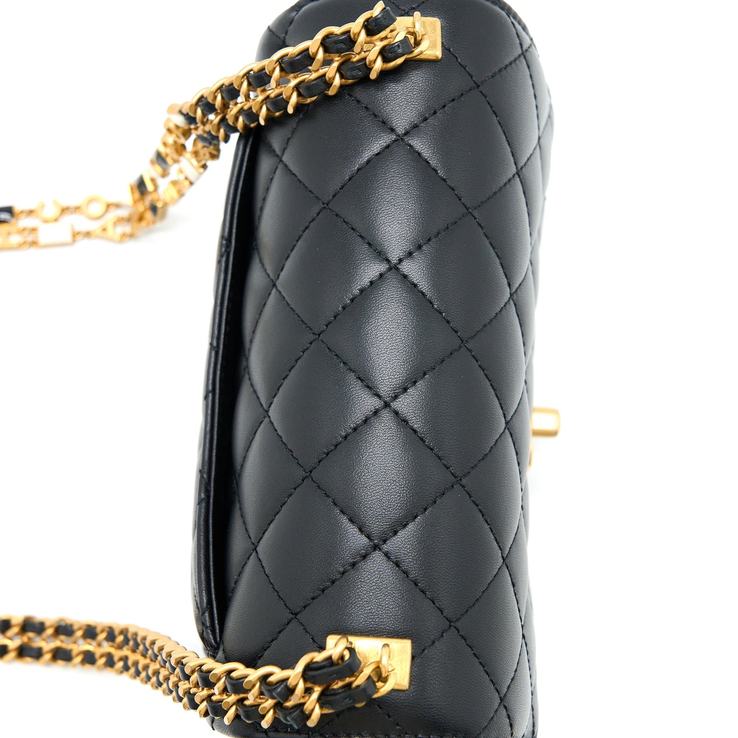 Chanel Seasonal Flap Bag with Detail Chain Lambskin Black Brushed GHW (Microchip)