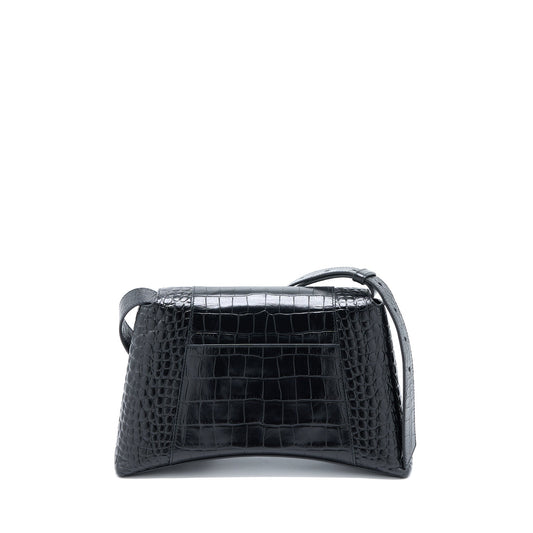 Balenciaga Small Downtown Shoulder Bag Croc Embossed Leather Black with Black Hardware