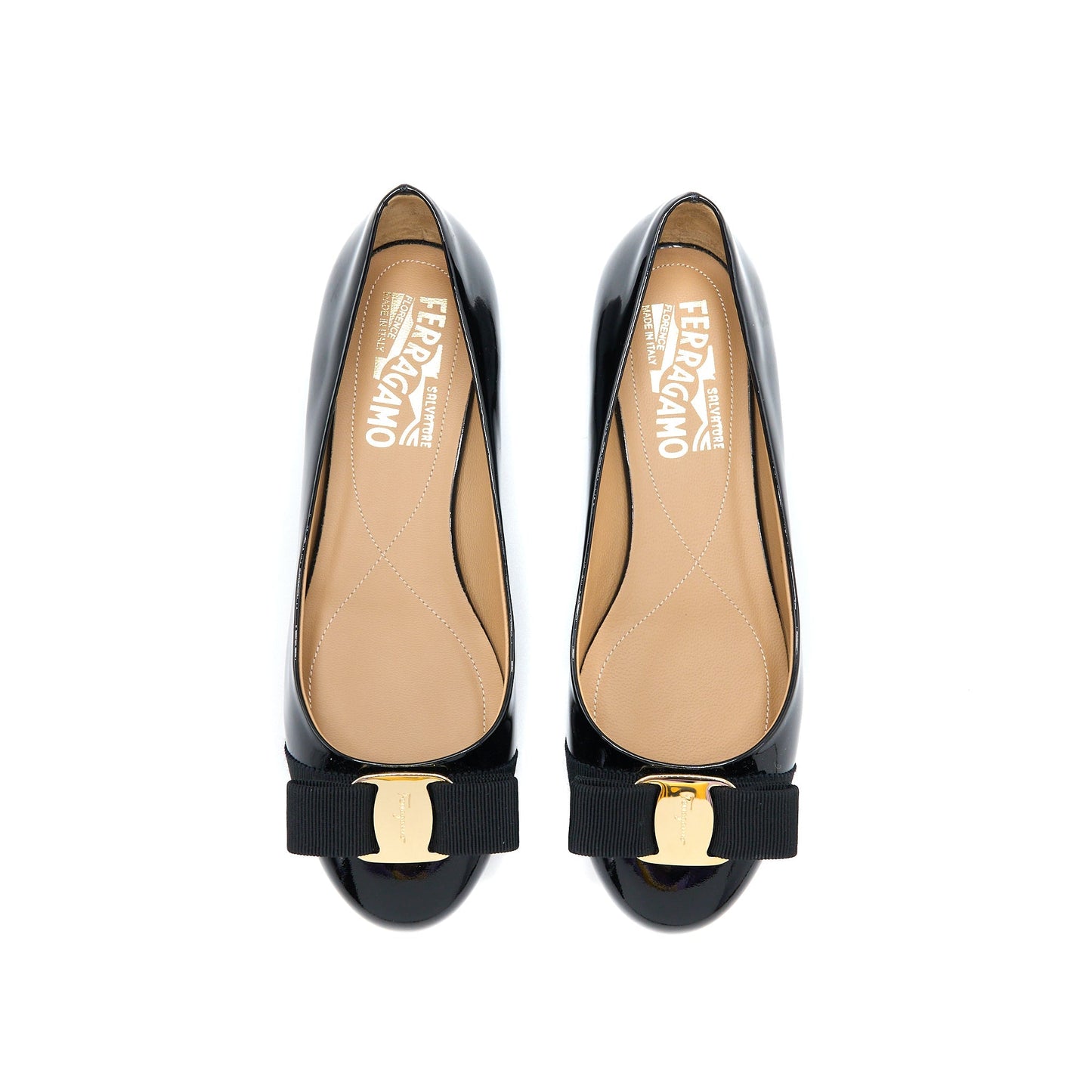 Salvatore Ferragamo Size 5D Varuna Ballet Flats Patent Black GHW