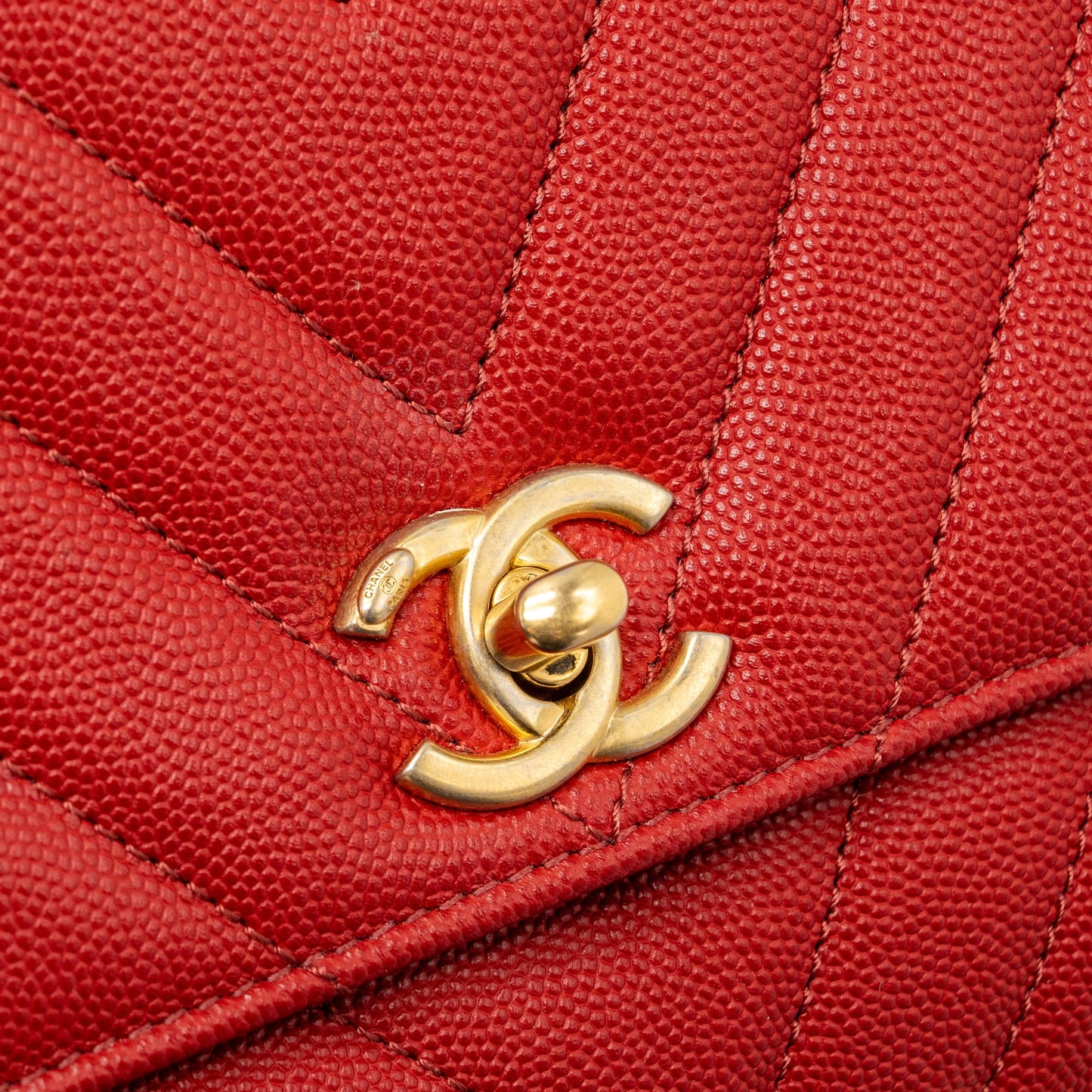 Chanel Small Coco Handle Chevron Caviar Red Brushed GHW