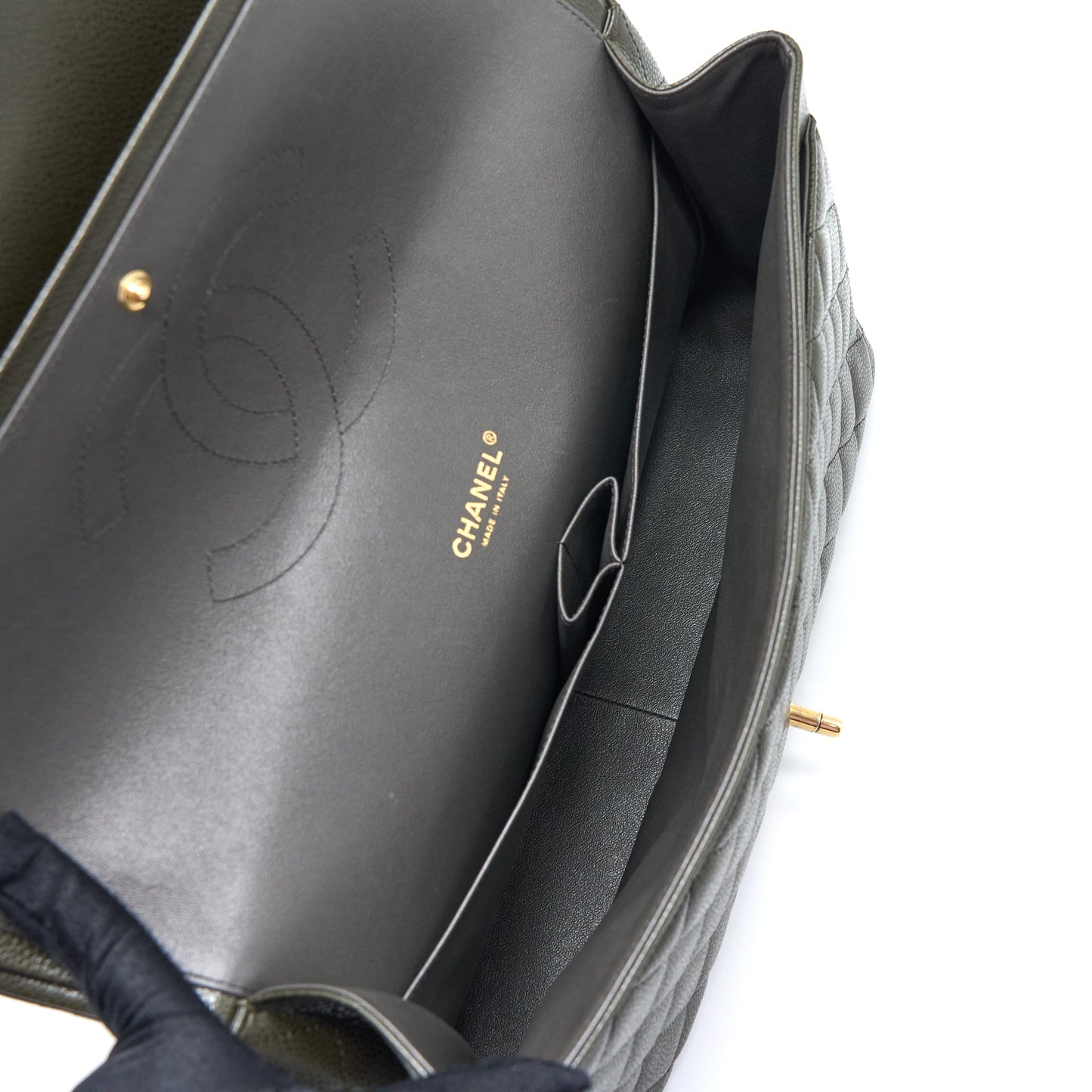 Chanel Maxi Classic Double Flap Bag Caviar Olive Green Brushed GHW