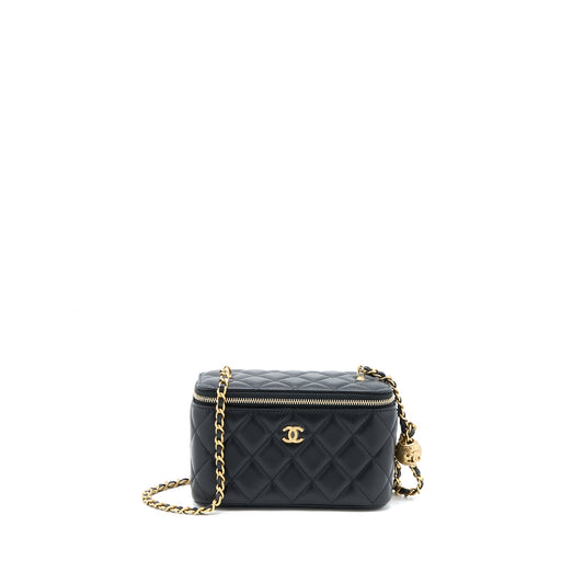 Chanel 22A Pearl Crush Long Vanity with Chain Lambskin Black Brushed GHW (Microchip)
