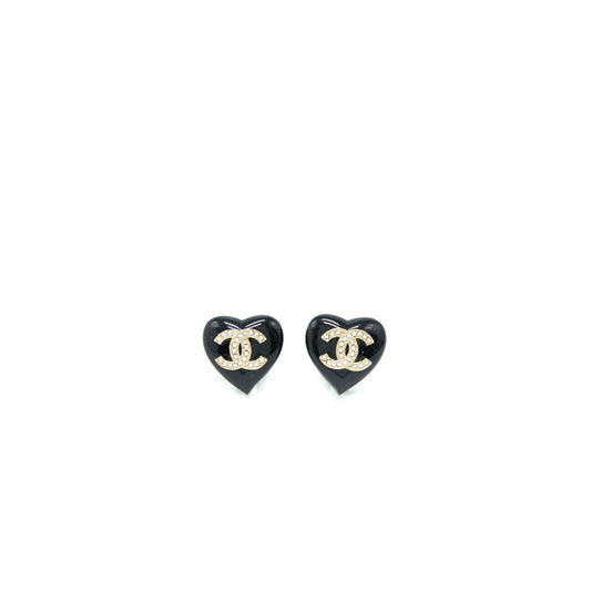 Chanel Heart Shape CC Logo Earrings Crystal Black Light Gold Tone