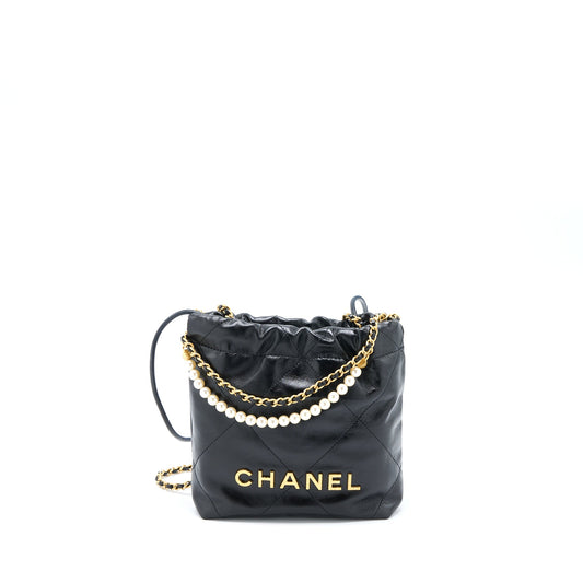 Chanel 23S Mini 22 Bag With Pearl Shiny Calfskin Black Brushed GHW (Microchip)