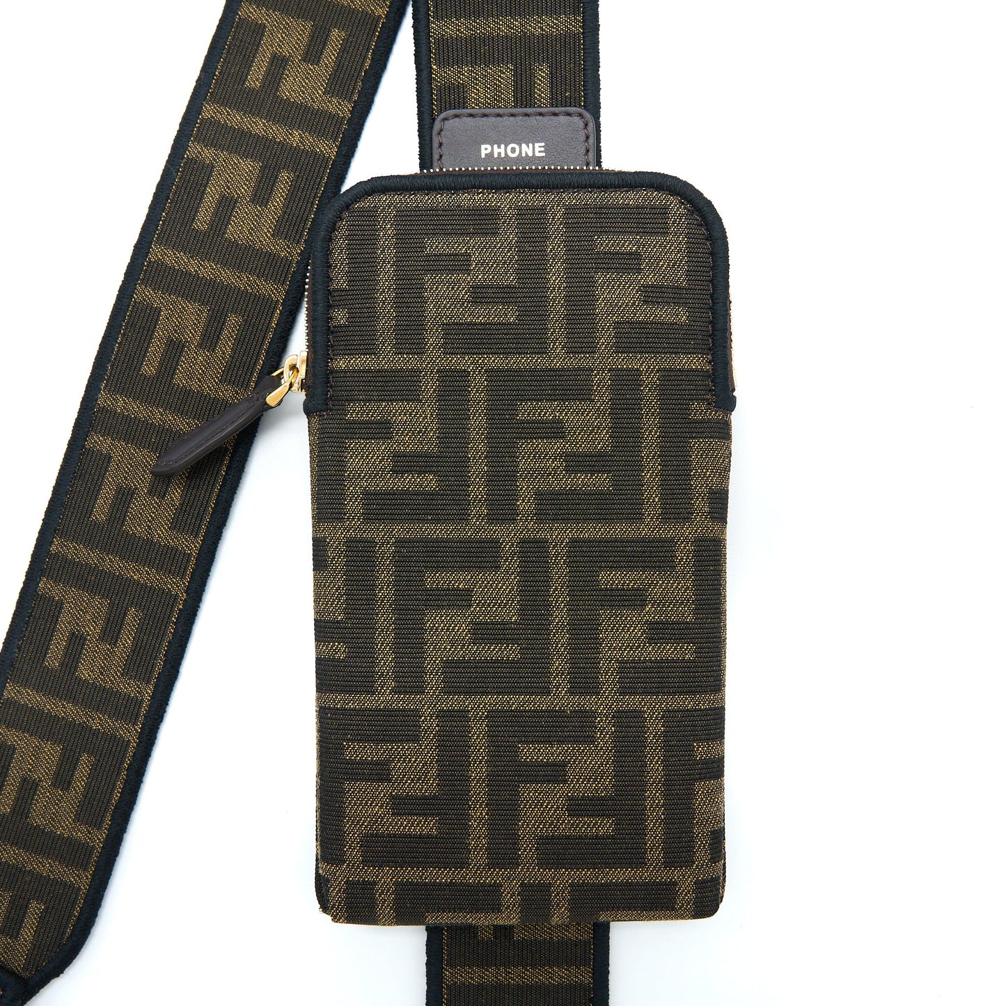Fendi Bag Strap with Phone Pouch FF Jacquard Canvas Brown GHW