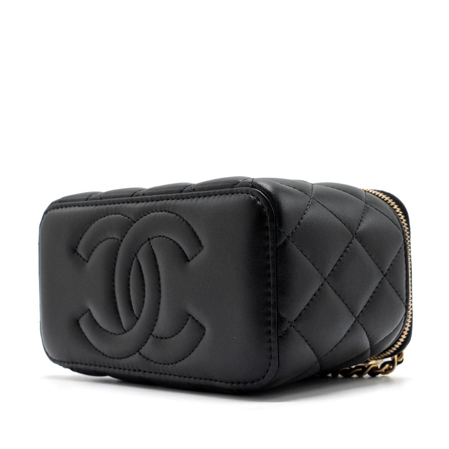 Chanel top handle long vanity with chain lambskin black GHW (microchip)