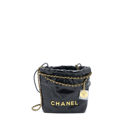 Chanel Mini 22 Bag Shiny Calfskin Black Brushed GHW (Microchip)