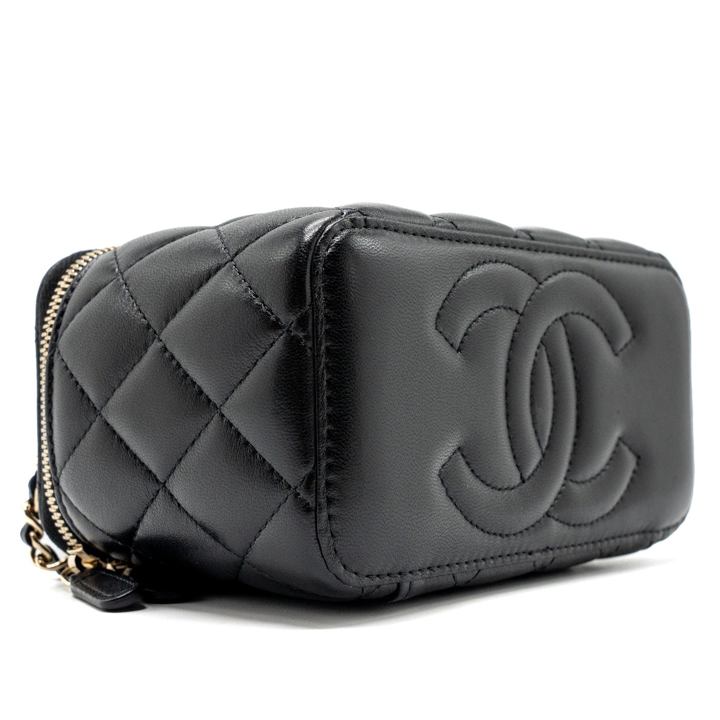 Chanel Top Handle Long Vanity Case Lambskin Black LGHW (Microchip)