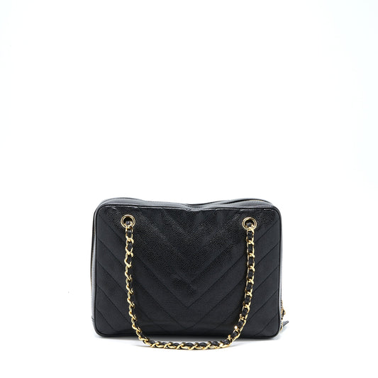 Chanel Vintage Camera Chevron Tote Bag Caviar Black GHW