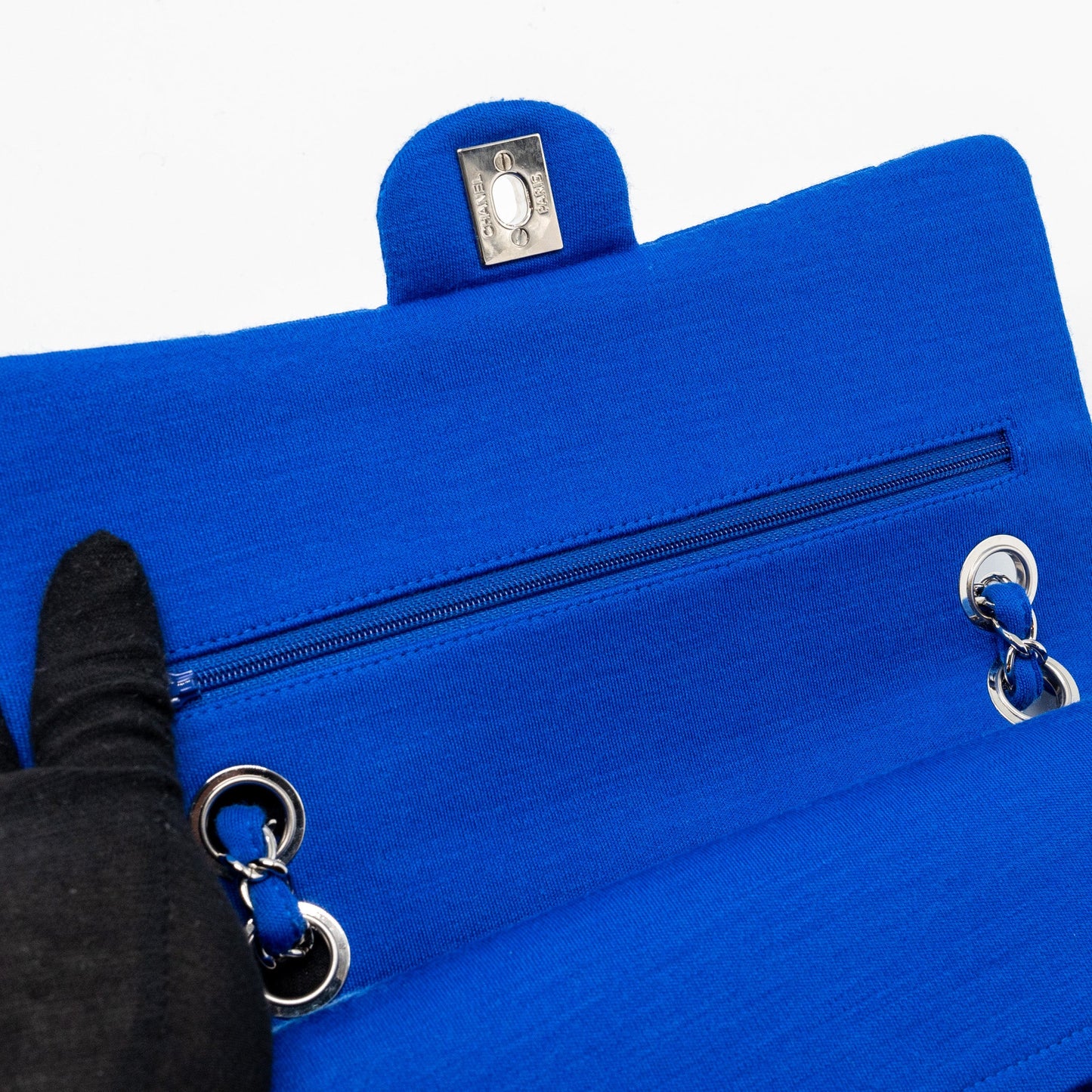 Chanel medium classic double flap bag fabric blue SHW