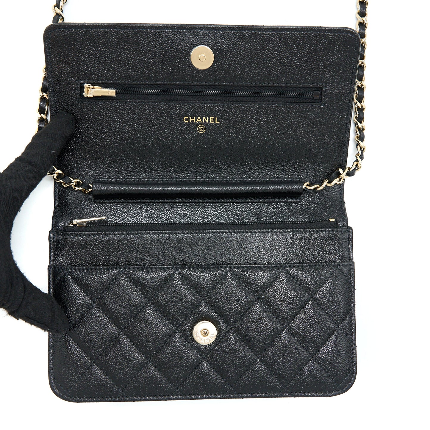 Chanel 22B Detail CC Logo Wallet On Chain Caviar Black LGHW (Microchip)
