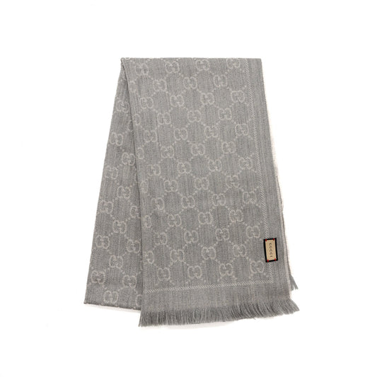 Gucci Knitted Wool Scarf GG Supreme Jacquard Light Grey