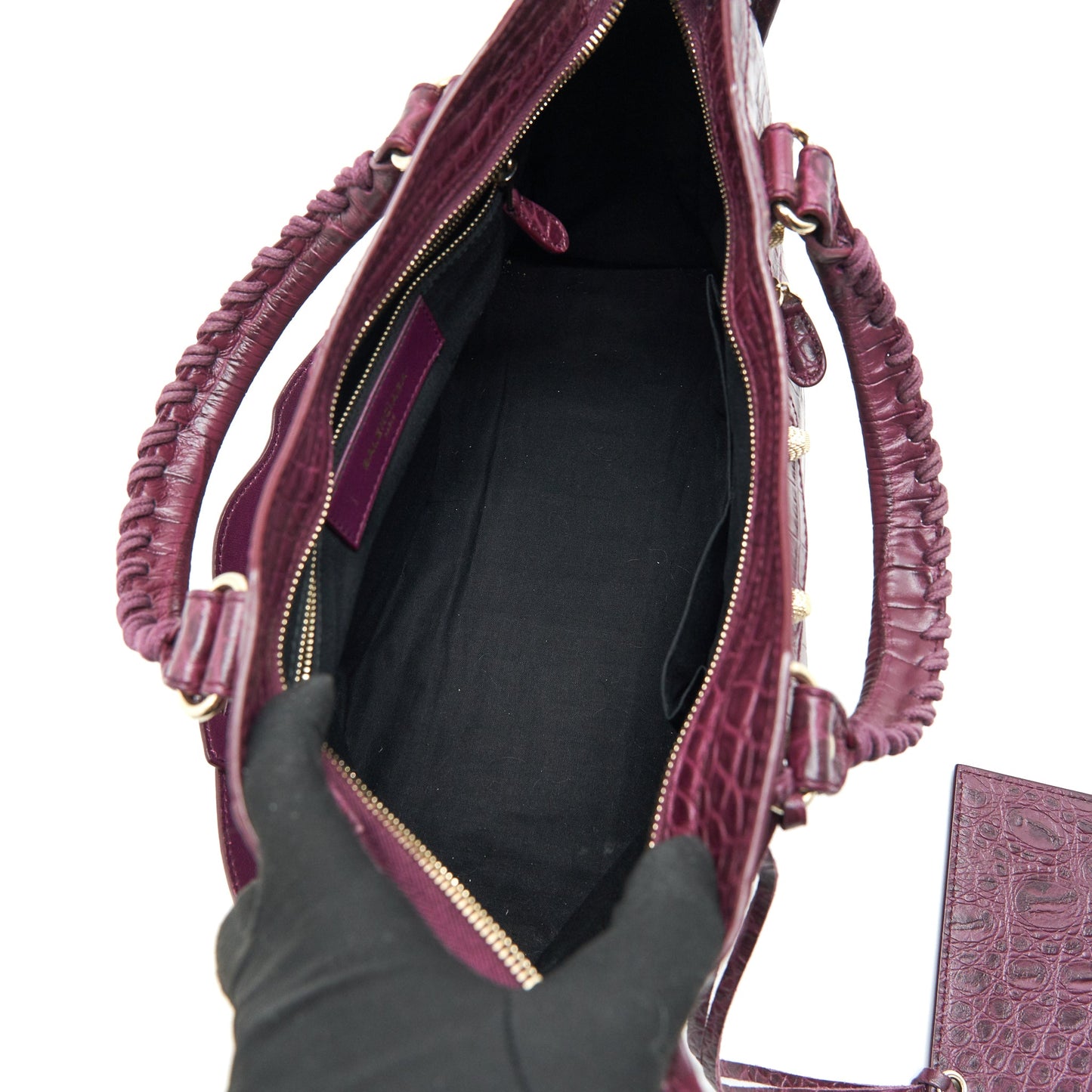 BALENCIAGA MEDIUM GIANT CITY BAG BURGUNDY CROCODILE EMBOSSED LEATHER WITH GHW